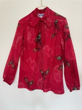 Vintage 1970s Peacock Feather and Floral print Red Blouse Ship and Shore